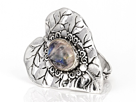 8x10mm Rainbow Moonstone Sterling Silver Leaf Ring