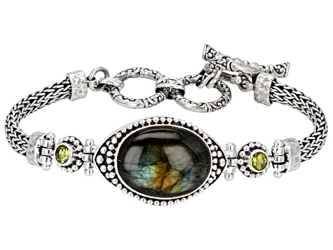 19x15mm Labradorite & Peridot Sterling Silver 3 Stone Bracelet 0.36ctw