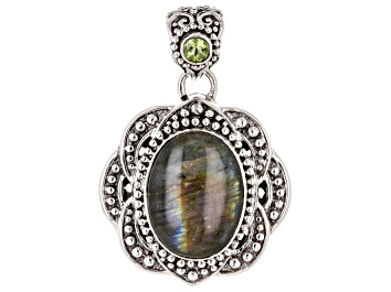 Picture of 19x15mm Labradorite & Peridot Sterling Silver Beaded Pendant 0.18ct