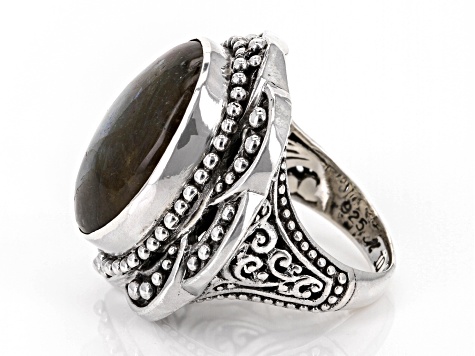19x15mm Labradorite Sterling Silver Beaded Ring