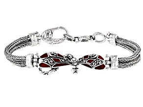 Red Coral Sterling Silver Textured Dragonfly Bracelet