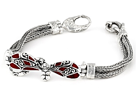 Red Coral Sterling Silver Textured Dragonfly Bracelet