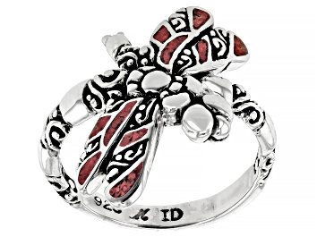 Picture of Red Coral Sterling Silver Inlay Dragonfly Ring