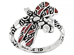 Red Coral Sterling Silver Inlay Dragonfly Ring