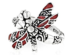 Red Coral Sterling Silver Inlay Dragonfly Ring