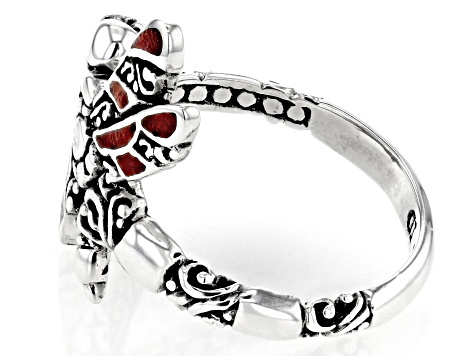 Red Coral Sterling Silver Inlay Dragonfly Ring