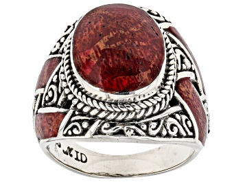 Picture of 14x11mm Red Coral Sterling Silver Textured Inlay Ring