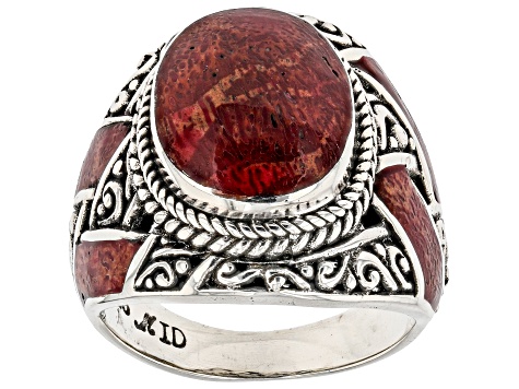 14x11mm Red Coral Sterling Silver Textured Inlay Ring