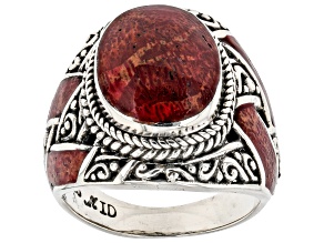14x11mm Red Coral Sterling Silver Textured Inlay Ring