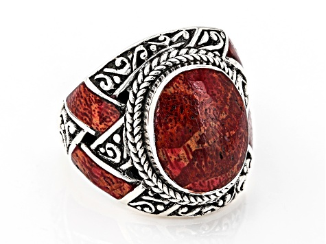 14x11mm Red Coral Sterling Silver Textured Inlay Ring