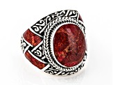 14x11mm Red Coral Sterling Silver Textured Inlay Ring