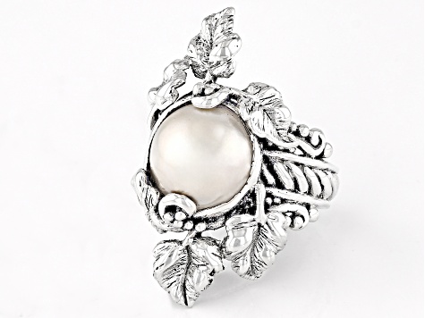 11.5-12.5mm Cultured White Mabe Pearl Sterling Silver Leaf Ring