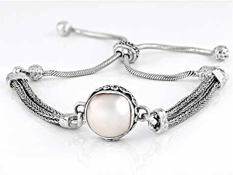 White Cultured Mabe Pearl Sterling Silver Bolo Bracelet 13.5-14.5mm