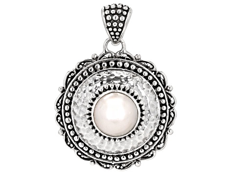 White Cultured Mabe Pearl Sterling Silver Beaded Round Pendant 11.5-12 ...