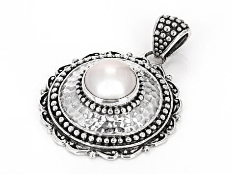 11.5-12mm White Cultured Mabe Pearl Sterling Silver Beaded Round Pendant