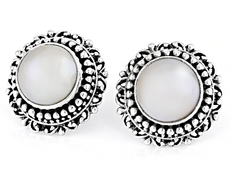 9.5-10.5mm White Cultured Mabe Pearl Sterling Silver Round Beaded Stud Earrings
