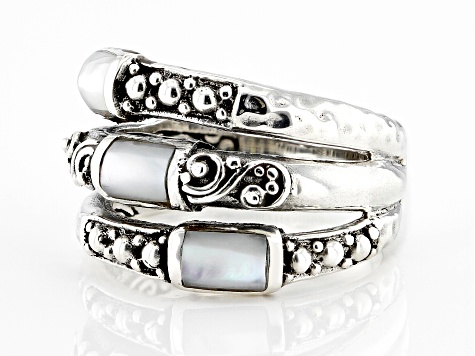 5x4mm  Mother-Of- Pearl Sterling Silver Multi-Row Inlay Ring
