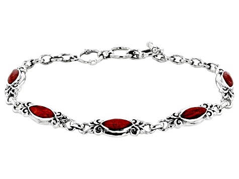 3x10mm Coral Sterling Silver Station Bracelet