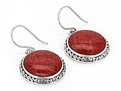 20mm Coral Sterling Silver Round Earrings