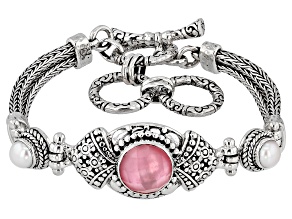 10mm Pink Mother-Of-Pearl Quartz Doublet & Cultured Freshwater Pearl Sterling Silver Bracelet