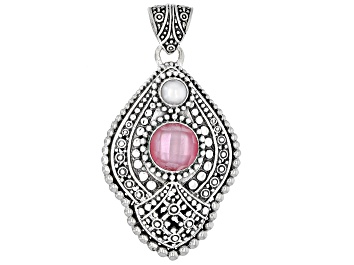 Picture of 10mm Pink Mother-Of-Pearl Quartz Doublet & Cultured Freshwater Pearl Sterling Silver Pendant
