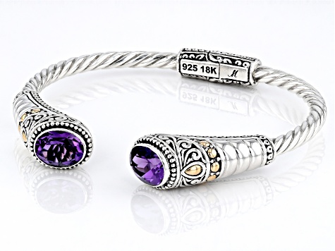 Amethyst Sterling Silver With 18K Yellow Gold Accent Cable Cuff Bracelet 3.80ctw