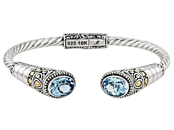 Picture of Blue Topaz Sterling Silver With 18K Yellow Gold Accent Cable Cuff Bracelet 4.90ctw