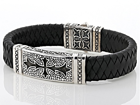 Men's Black Leather With Sterling Silver Cross Bracelet