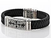 Men's Black Leather With Sterling Silver Cross Bracelet