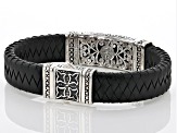 Men's Black Leather With Sterling Silver Cross Bracelet