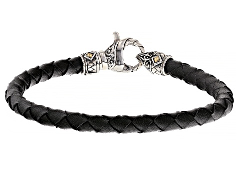 Men's Black Leather With Sterling Silver & 18K Yellow Gold Accent