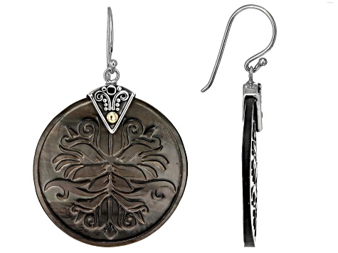 Black Mother-Of-Pearl Sterling Silver With 18K Yellow Gold Accents Carved Lotus Floral Earrings
