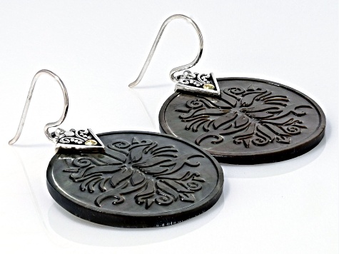 Black Mother-Of-Pearl Sterling Silver With 18K Yellow Gold Accents Carved Lotus Floral Earrings