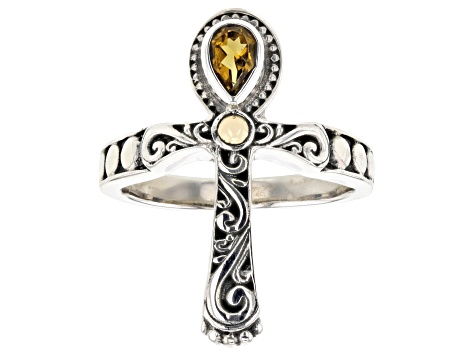 Citrine Sterling Silver With 18K Yellow Gold Accent Cross Ring 0.28ct