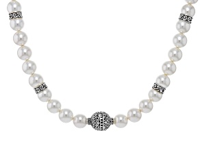 White Shell Pearl Sterling Silver Station Necklace 11.5-12mm