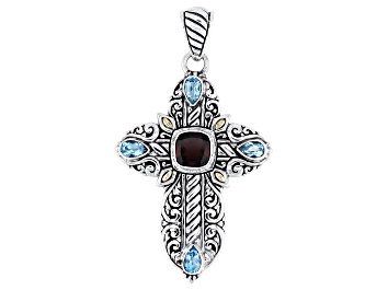 Picture of Garnet &  Swiss Blue Topaz Sterling Silver & 18K Gold Accents Cross Pendant  3.12ctw