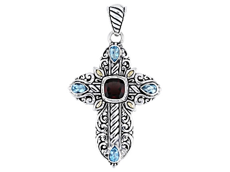 Garnet &  Swiss Blue Topaz Sterling Silver & 18K Gold Accents Cross Pendant  3.12ctw