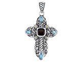 Garnet &  Swiss Blue Topaz Sterling Silver & 18K Gold Accents Cross Pendant  3.12ctw