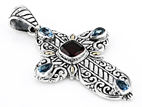 Garnet &  Swiss Blue Topaz Sterling Silver & 18K Gold Accents Cross Pendant  3.12ctw