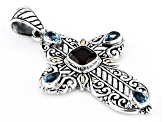 Garnet &  Swiss Blue Topaz Sterling Silver & 18K Gold Accents Cross Pendant  3.12ctw