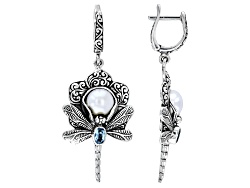 7.5-8mm Cultured Freshwater Pearl & Swiss Blue Topaz Sterling Silver Dragonfly Earrings 0.54ctw