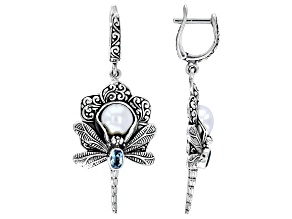 7.5-8mm Cultured Freshwater Pearl & Swiss Blue Topaz Sterling Silver Dragonfly Earrings 0.54ctw