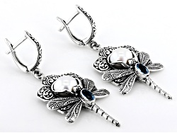 7.5-8mm Cultured Freshwater Pearl & Swiss Blue Topaz Sterling Silver Dragonfly Earrings 0.54ctw