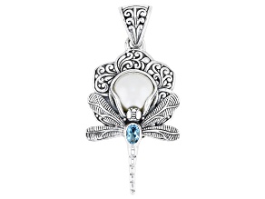11.5-12mm White Mabe Pearl Simulant & Swiss Blue Topaz Sterling Silver Dragonfly Pendant 0.54ct