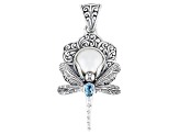 11.5-12mm White Cultured Mabe Pearl & Swiss Blue Topaz Sterling Silver Dragonfly Pendant 0.54ct