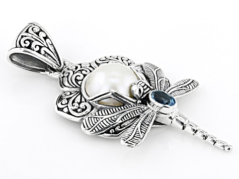 11.5-12mm White Cultured Mabe Pearl & Swiss Blue Topaz Sterling Silver Dragonfly Pendant 0.54ct