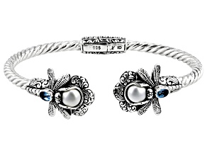 6.5-7mm Cultured Freshwater Pearl & Swiss Blue Topaz Sterling Silver Dragonfly Bracelet 0.54ctw