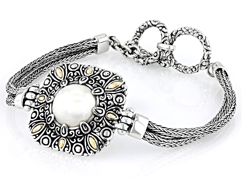 12.5-13mm White Cultured Mabe Pearl Sterling Silver & 18K Gold Accent Bracelet
