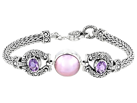 12.5-13.5mm Pink Cultured Mabe Pearl & Amethyst Sterling Silver Bracelet 1.26ctw