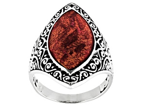 18x10mm Red Indonesian Coral Sterling Silver Ring